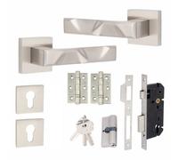 Golden Grace 1 Pair Modern Nova Euro Lock Square Rose Internal Door Handles 70mm Key & Key Barrell Satin Nickel Finish And Ball Bearing Hinges