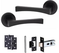 Golden Grace 1 Pair Of Matt Black Wave Design Round Rose Internal Door Handles With 2.5" Tubular Latch And 3" Ball Bearing Hinges