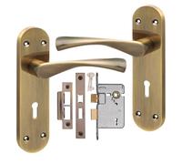 Golden Grace 1 Pair Victorian Astrid Design Long Plate Door Handle Antique Brass Metal 3 Lever Lock Set - 182mm X 45mm
