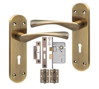 Golden Grace 1 Pair Victorian Astrid Design Long Plate Scroll Door Handle Antique Brass Metal 3 Lever Lock Set - 182mm X 45mm