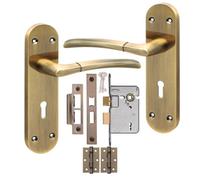 Golden Grace 1 Pair Victorian Indiana Design Long Plate Door Handle Antique Brass Metal 3 Lever Lock Set - 182mm X 45mm