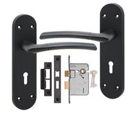 Golden Grace 1 Pair Victorian Indiana Design Long Plate Door Handle Matt Black Metal 3 Lever Lock Set - 182mm X 45mm
