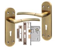 Golden Grace 1 Pair Victorian Indiana Design Long Plate Scroll Door Handle Antique Brass Metal 3 Lever Lock Set - 182mm X 45mm