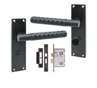 Golden Grace 1 Pair Victorian Knurled Hex Cut Bathroom Door Handle Matt Black Metal Mortise Lock Set - 150mm X 40mm