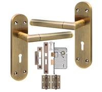 Golden Grace 1 Pair Victorian Mitred Design Long Plate Door Handle Antique Brass Metal 3 Lever Lock Set - 182mm X 45mm