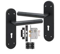 Golden Grace 1 Pair Victorian Mitred Design Long Plate Door Handle Matt Black Metal 3 Lever Lock Set - 182mm X 45mm