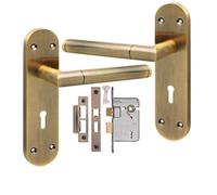 Golden Grace 1 Pair Victorian Mitred Design Long Plate Straight Door Handle Antique Brass Metal 3 Lever Lock Set - 182mm X 45mm