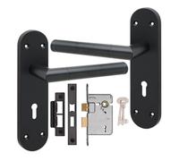 Golden Grace 1 Pair Victorian Mitred Design Long Plate Straight Door Handle Matt Black Metal 3 Lever Lock Set - 182mm X 45mm