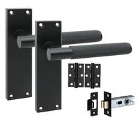 Golden Grace 1 Pair Victorian T-Bar Knurled Internal Door Handle Sets Matt Black 150 x 40mm with 2.5" Latch & Hinges