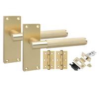 Golden Grace 1 Pair Victorian T-Bar Knurled Internal Door Handle Sets Satin Brushed Brass 120 x 40mm with 2.5" Latch & Hinges