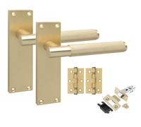 Golden Grace 1 Pair Victorian T-Bar Knurled Internal Door Handle Sets Satin Brushed Brass 150 x 40mm with 2.5" Latch & Hinges