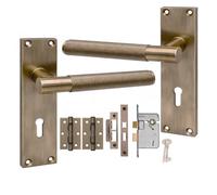 Golden Grace 1 Pair Victorian T-Bar Linear Design Door Handle Antique Brass Metal 3 Lever Lock Set With Hinges - 150mm X 40mm