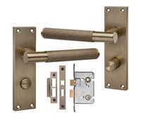 Golden Grace 1 Pair Victorian T-Bar Linear Design Internal Bathroom Door Handle Antique Brass Metal Mortise Lock Set, 150mm X 40mm