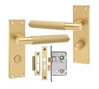 Golden Grace 1 Pair Victorian T-Bar Linear Design Internal Bathroom Door Handle Satin Brass Metal Mortise Lock Set - 150mm X 40mm