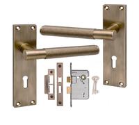 Golden Grace 1 Pair Victorian T-Bar Linear Design Internal Door Handle Antique Brass Metal 3 Lever Lock Set - 150mm X 40mm