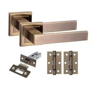 Golden Grace 1 Set Delta Design Square Rose Door Handles with Latch and Ball Bearing Hinges Antique Brass Finish