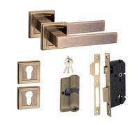 Golden Grace 1 Set Delta Design Square Rose Euro Lock Door Handle Set Thumbturn Key Antique Brass Finish