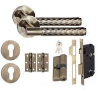 Golden Grace 1 Set Knurled Diamond Cut T-Bar Euro Lock Door Handle Set 70mm Barrell Key with Ball Bearing Hinges Antique Brass Finish