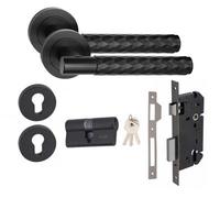 Golden Grace 1 Set Knurled Diamond Cut T-Bar Euro Lock Internal Door Handle Set 70mm Barrell Key Matt Black Finish