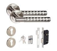 Golden Grace 1 Set Knurled Diamond Cut T-Bar Euro Lock Internal Door Handle Set 70mm Barrell Key Satin Nickel Finish