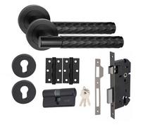 Golden Grace 1 Set Knurled Diamond Cut T-Bar Euro Lock Internal Door Handle Set 70mm Barrell Key With Bb Hinges Matt Black Finish