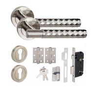 Golden Grace 1 Set Knurled Diamond Cut T-Bar Euro Lock Internal Door Handle Set 70mm Barrell Key With Bb Hinges Satin Nickel Finish