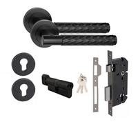 Golden Grace 1 Set Knurled Diamond Cut T-Bar Euro Lock Internal Door Handle Set Thumbturn Key Matt Black Finish