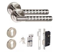 Golden Grace 1 Set Knurled Diamond Cut T-Bar Euro Lock Internal Door Handle Set Thumbturn Key Satin Nickel Finish