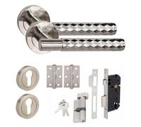 Golden Grace 1 Set Knurled Diamond Cut T-Bar Euro Lock Internal Door Handle Set Thumbturn Key With Bb Hinges Satin Nickel Finish