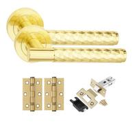 Golden Grace 1 Set Knurled Diamond Cut T-Bar Internal Door Handles With Latch And Hinges Satin Brass Finish