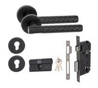 Golden Grace 1 Set Knurled Hex Cut T-Bar Euro Lock Internal Door Handle Set 70mm Barrell Key Matt Black Finish