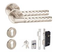 Golden Grace 1 Set Knurled Hex Cut T-Bar Euro Lock Internal Door Handle Set 70mm Barrell Key Satin Nickel Finish