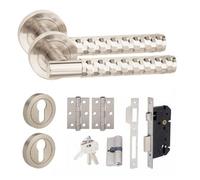 Golden Grace 1 Set Knurled Hex Cut T-Bar Euro Lock Internal Door Handle Set 70mm Barrell Key With Bb Hinges Satin Nickel Finish