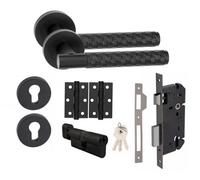 Golden Grace 1 Set Knurled Hex Cut T-Bar Euro Lock Internal Door Handle Set 70mm Barrell Key With Bb Hinges Matt Black Finish