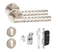 Golden Grace 1 Set Knurled Hex Cut T-Bar Euro Lock Internal Door Handle Set Thumbturn Key Satin Nickel Finish