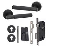 Golden Grace 1 Set Knurled T-Bar Euro Lock Door Handle Set 70mm Barrell Key Matt Black Finish