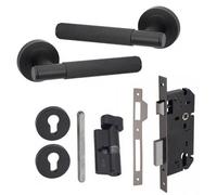 Golden Grace 1 Set Knurled T-Bar Euro Lock Door Handle Set Thumbturn Key Matt Black Finish