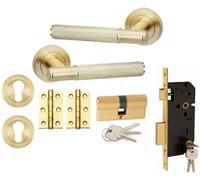 Golden Grace 1 Set Knurled T-Bar Euro Lock Internal Door Handle Set 70mm Barrell Key With Bb Hinges Satin Brass Finish