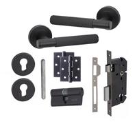 Golden Grace 1 Set Knurled T-Bar Euro Lock Internal Door Handle Set 70mm Barrell Key With Bb Hinges Matt Black Finish