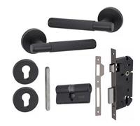 Golden Grace 1 Set Linear T-Bar Euro Lock Door Handle Set 70mm Barrell Key Matt Black Finish