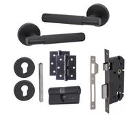 Golden Grace 1 Set Linear T-Bar Euro Lock Internal Door Handle Set 70mm Barrell Key With Bb Hinges Matt Black Finish
