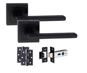 Golden Grace 1 Set Matt Black Leon Design Straight Door Handle On Sqaure Rose Latch Door Handles Set with 1 Pair of 3" Ball Bearing Hinges and Tubular Latch Matt Black with 52mm x 52mm