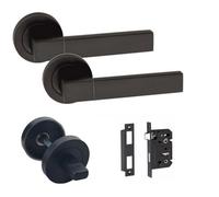 Golden Grace 1 Set Of Capri Straight Matt Black Finish Internal Door Handle Pack For Bathrooms With Matching Lock And Thumbturn