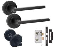 Golden Grace 1 Set Of Leon Straight Matt Black Finish Internal Door Handle Pack For Bathrooms With Matching Lock And Thumbturn