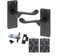 Golden Grace 1 Set Victorian Scroll Privacy Door Handle Matt Black Finish With Hinges & Tubular Latch - 120mm X 40mm