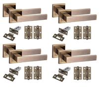 Golden Grace 4 Set Delta Design Square Rose Door Handles with Latch and Ball Bearing Hinges Antique Brass Finish