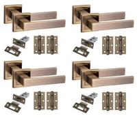 Golden Grace 4 Set Delta Design Square Rose Door Handles With Latch And Hinges Antique Brass Finish