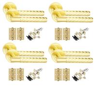 Golden Grace 4 Set Knurled Diamond Cut T-Bar Door Handles with Latch and Ball Bearing Hinges Satin Brass Finish