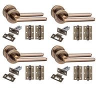 Golden Grace 4 Set Leon Design Door Handles With Latch And Hinges Antique Brass Finish