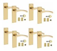 Golden Grace 4 Set of Victorian Scroll Astrid Handle Latch Door Handles Polished Brass with 1 Pair of 3" Standard Butt Hinges & Latches Pack Sets 150mm x 40mm Backplate